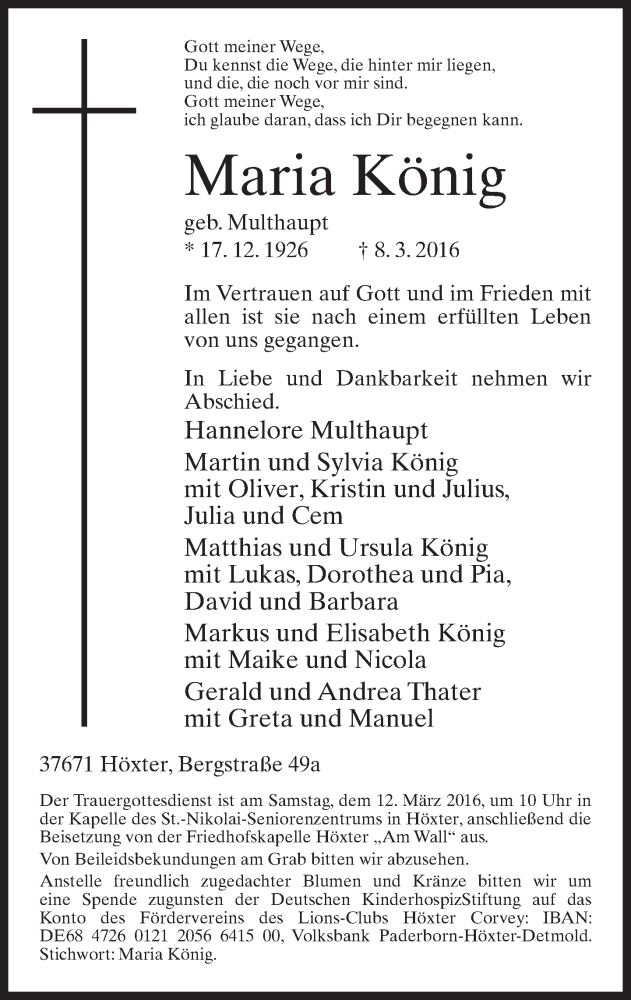  Traueranzeige für Maria König vom 10.03.2016 aus Neue Westfälische