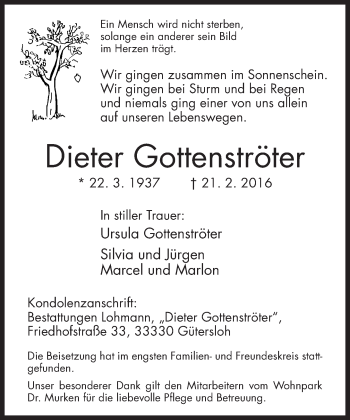 Traueranzeige von Dieter Gottenströter von Neue Westfälische