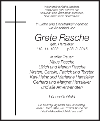Traueranzeige von Grete Rasche von Neue Westfälische