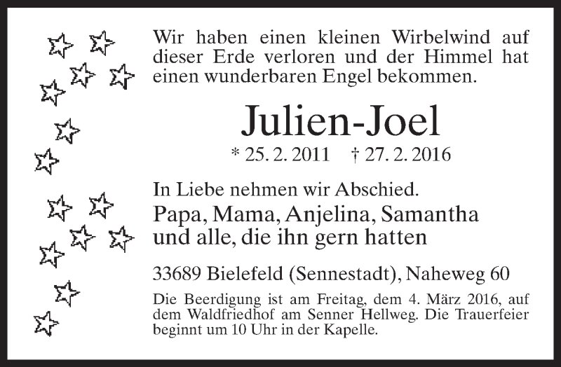  Traueranzeige für Julien-Joel  vom 01.03.2016 aus Neue Westfälische