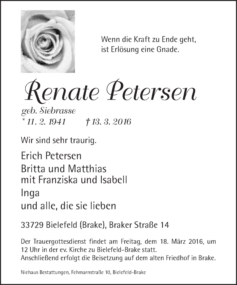  Traueranzeige für Renate Petersen vom 15.03.2016 aus Neue Westfälische