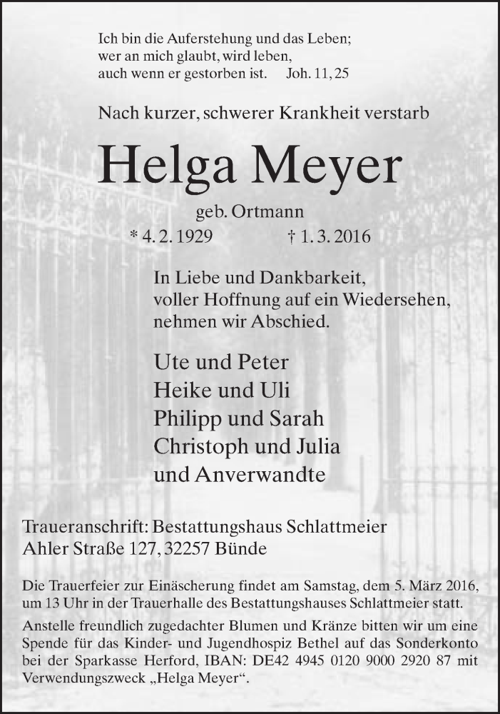  Traueranzeige für Helga Meyer vom 03.03.2016 aus Neue Westfälische