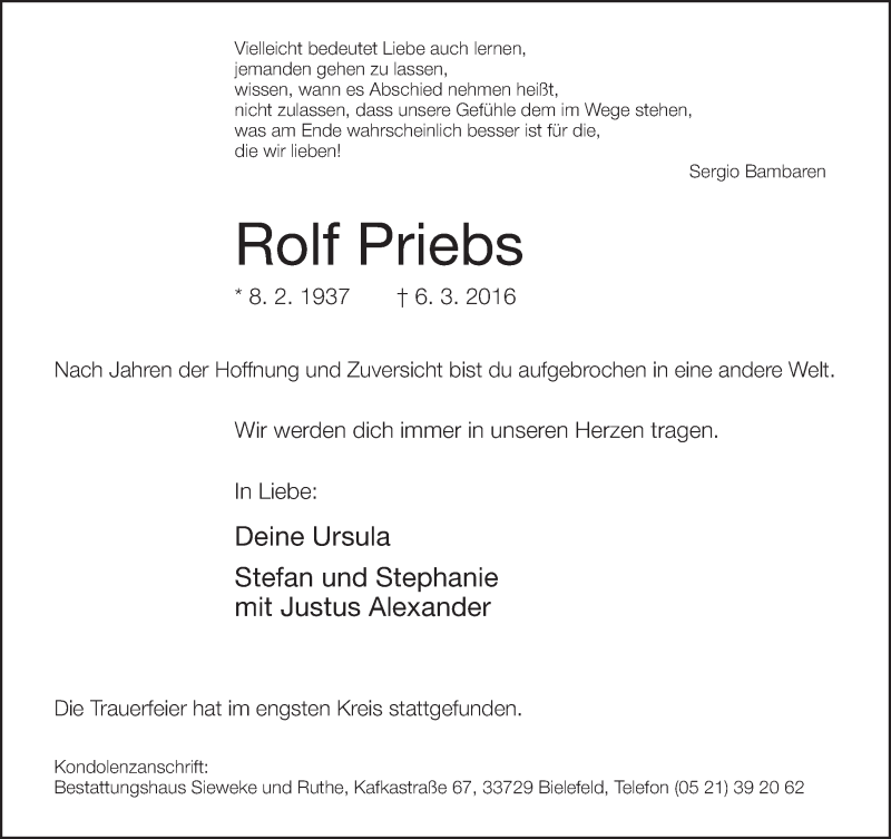  Traueranzeige für Rolf Priebs vom 12.03.2016 aus Neue Westfälische