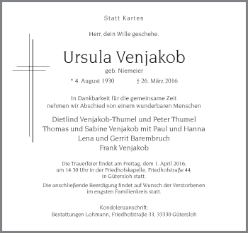 Traueranzeige von Ursula Venjakob von Neue Westfälische