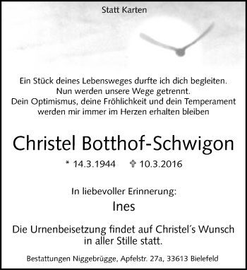 Traueranzeige von Christel Botthof-Schwigon von Neue Westfälische