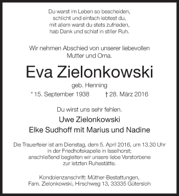 Traueranzeige von Eva Zielonkowski von Neue Westfälische