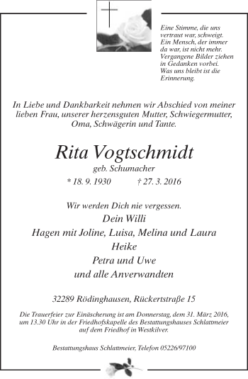 Traueranzeige von Rita Vogtschmidt von Neue Westfälische