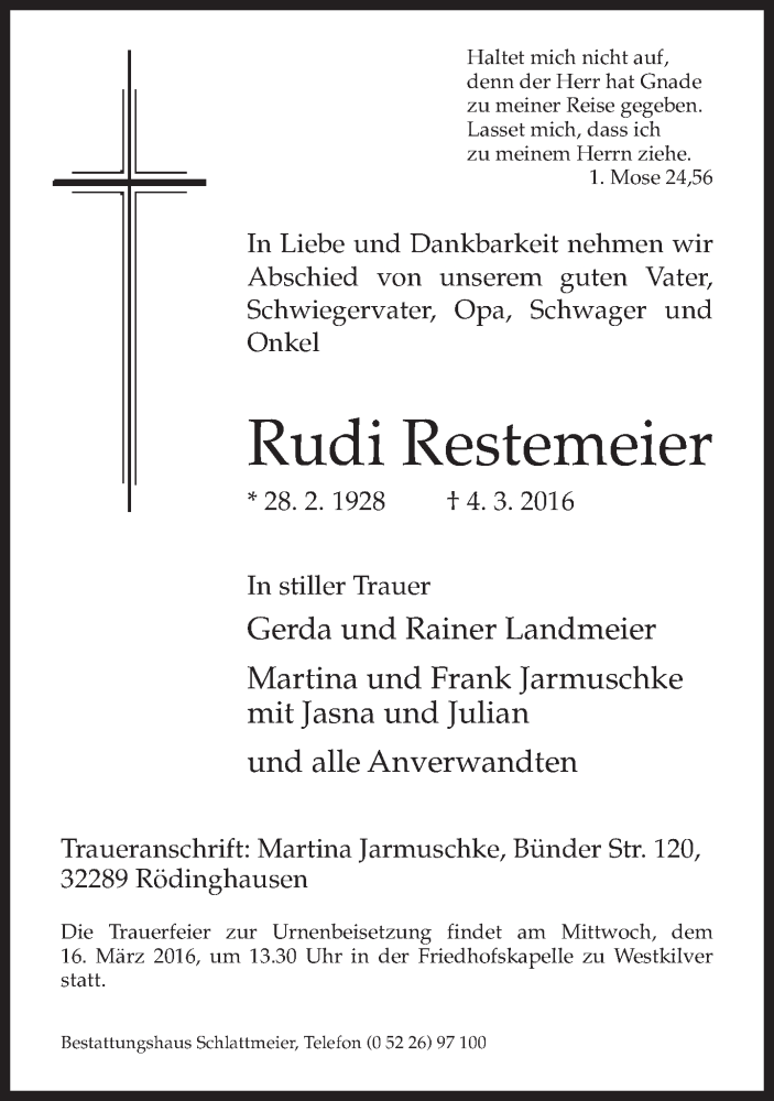  Traueranzeige für Rudi Restemeier vom 11.03.2016 aus Neue Westfälische