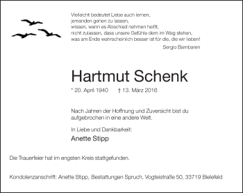 Traueranzeige von Hartmut Schenk von Neue Westfälische