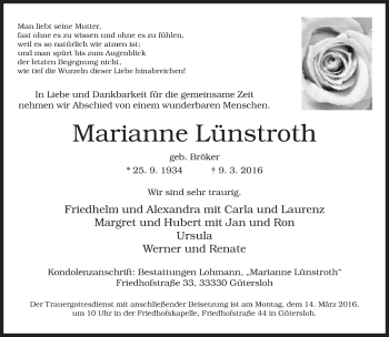 Traueranzeige von Marianne Lünstroth von Neue Westfälische