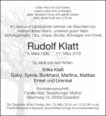 Traueranzeige von Rudolf Klatt von Neue Westfälische