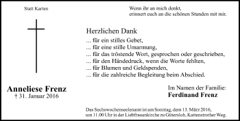 Traueranzeige von Anneliese Frenz von Neue Westfälische