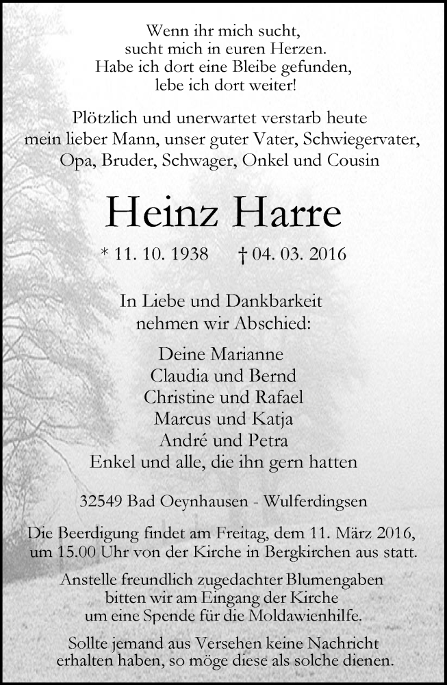  Traueranzeige für Heinz Harre vom 07.03.2016 aus Neue Westfälische