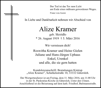 Traueranzeige von Alize Kramer von Neue Westfälische