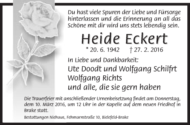 Traueranzeige für Heide Eckert vom 04.03.2016 aus Neue Westfälische