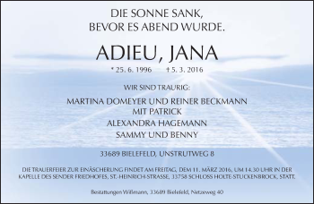 Traueranzeige von Jana  von Neue Westfälische