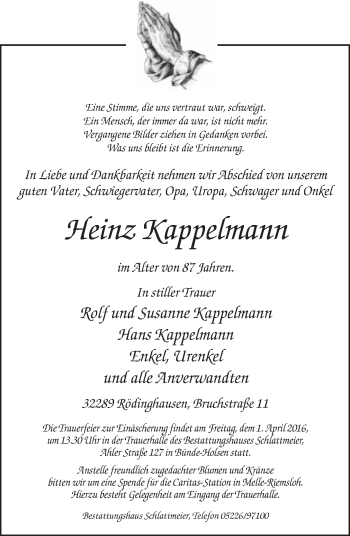 Traueranzeige von Heinz Kappelmann von Neue Westfälische