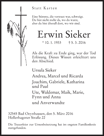 Traueranzeige von Erwin Sieker von Neue Westfälische
