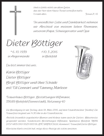 Traueranzeige von Dieter Böttiger von Neue Westfälische