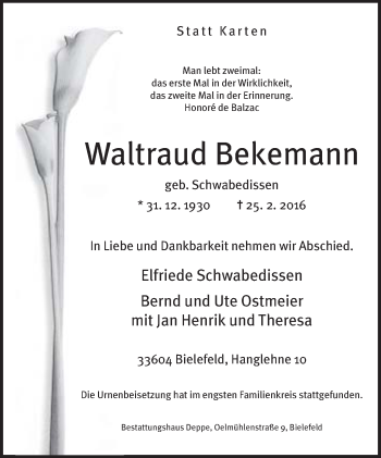 Traueranzeige von Waltraud Bekemann von Neue Westfälische