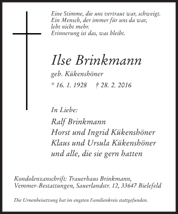Traueranzeige von Ilse Brinkmann von Neue Westfälische