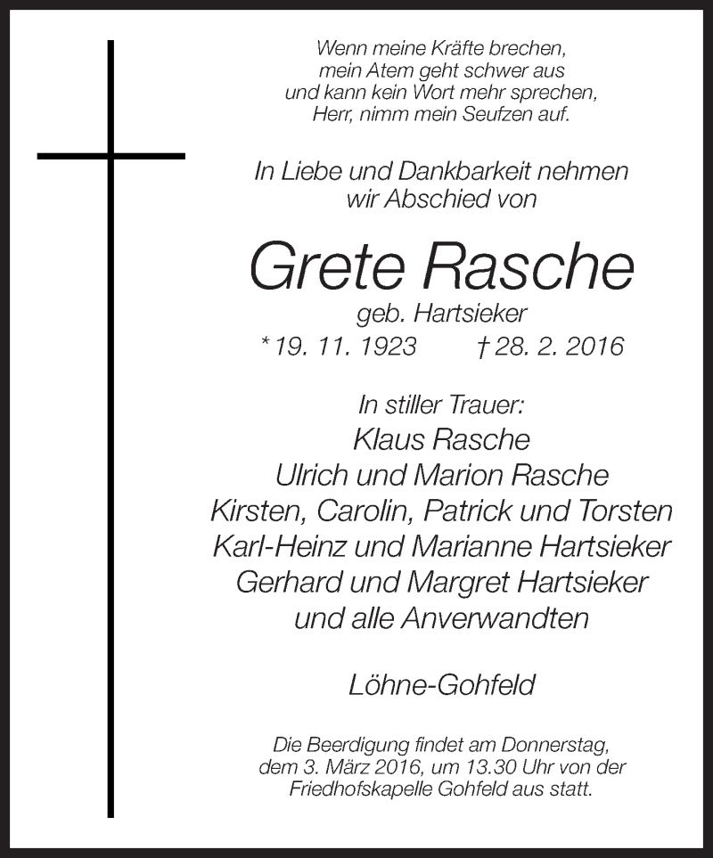  Traueranzeige für Grete Rasche vom 01.03.2016 aus Neue Westfälische