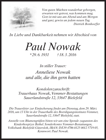 Traueranzeige von Paul Nowak von Neue Westfälische