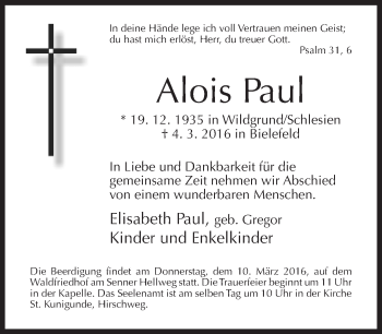 Traueranzeige von Alois Paul von Neue Westfälische