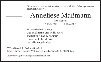 Traueranzeige von Anneliese Maßmann von Neue Westfälische