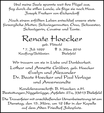 Traueranzeige von Renate Hoecker von Neue Westfälische