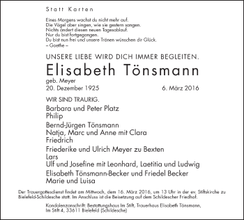 Traueranzeige von Elisabeth Tönsmann von Neue Westfälische