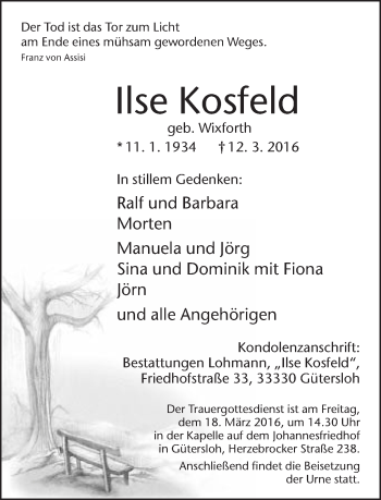 Traueranzeige von Ilse Kosfeld von Neue Westfälische