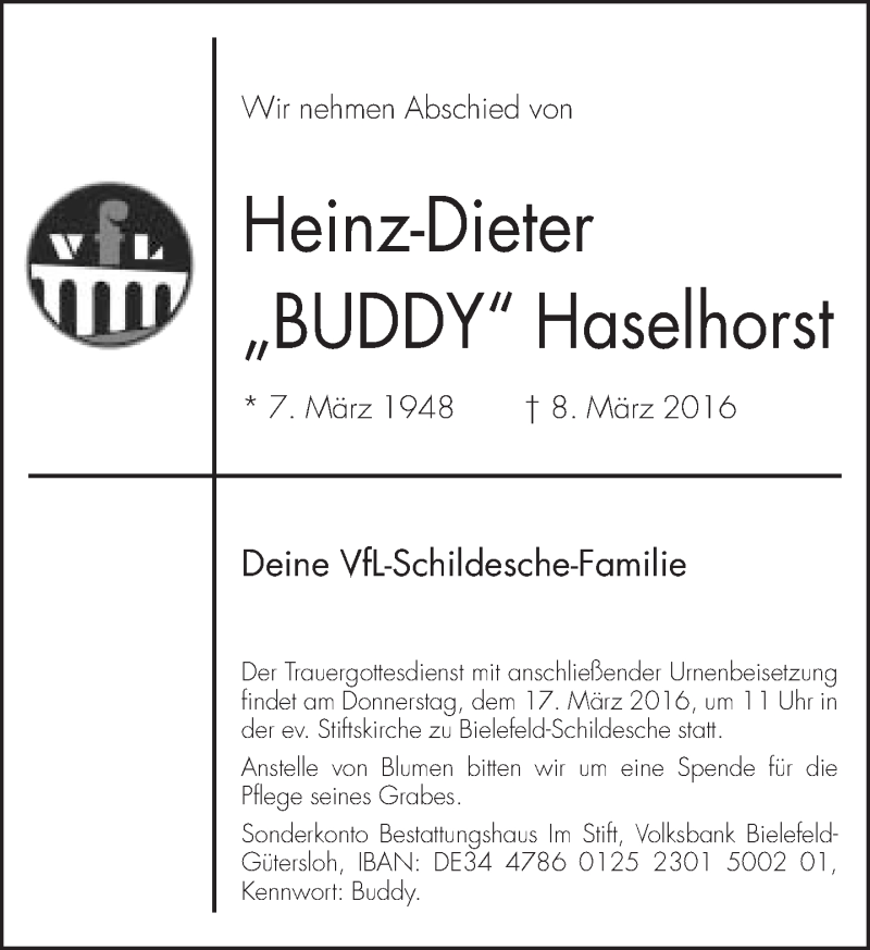  Traueranzeige für Heinz-Dieter Haselhorst vom 12.03.2016 aus Neue Westfälische