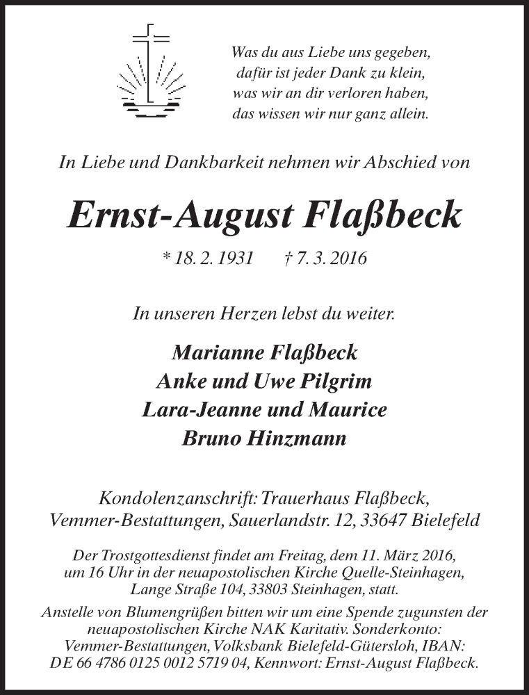  Traueranzeige für Ernst-August Flaßbeck vom 09.03.2016 aus Neue Westfälische
