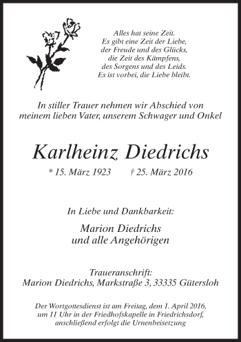 Traueranzeige von Karlheinz Diedrichs von Neue Westfälische