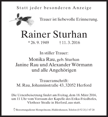 Traueranzeige von Rainer Sturhan von Neue Westfälische
