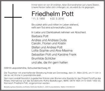 Traueranzeige von Friedhelm Pott von Neue Westfälische