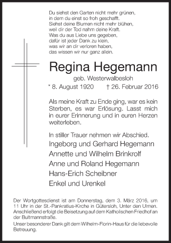 Traueranzeige von Regina Hegemann von Neue Westfälische