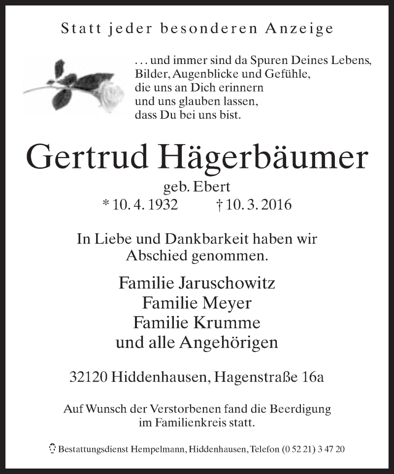  Traueranzeige für Gertrud Hägerbäumer vom 19.03.2016 aus Neue Westfälische