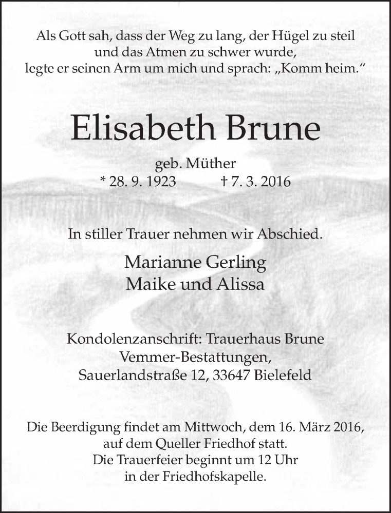  Traueranzeige für Elisabeth Brune vom 09.03.2016 aus Neue Westfälische