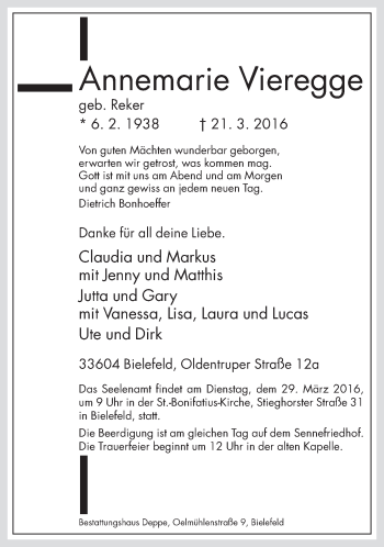 Traueranzeige von Annemarie Vieregge von Neue Westfälische