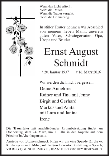 Traueranzeige von Ernst August Schmidt von Neue Westfälische