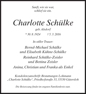 Traueranzeige von Charlotte Schülke von Neue Westfälische