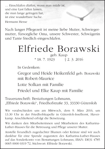 Traueranzeige von Elfriede Borawski von Neue Westfälische