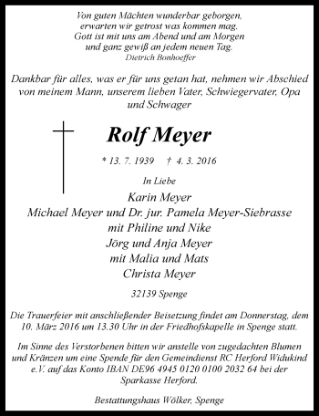 Traueranzeige von Rolf Meyer von Neue Westfälische