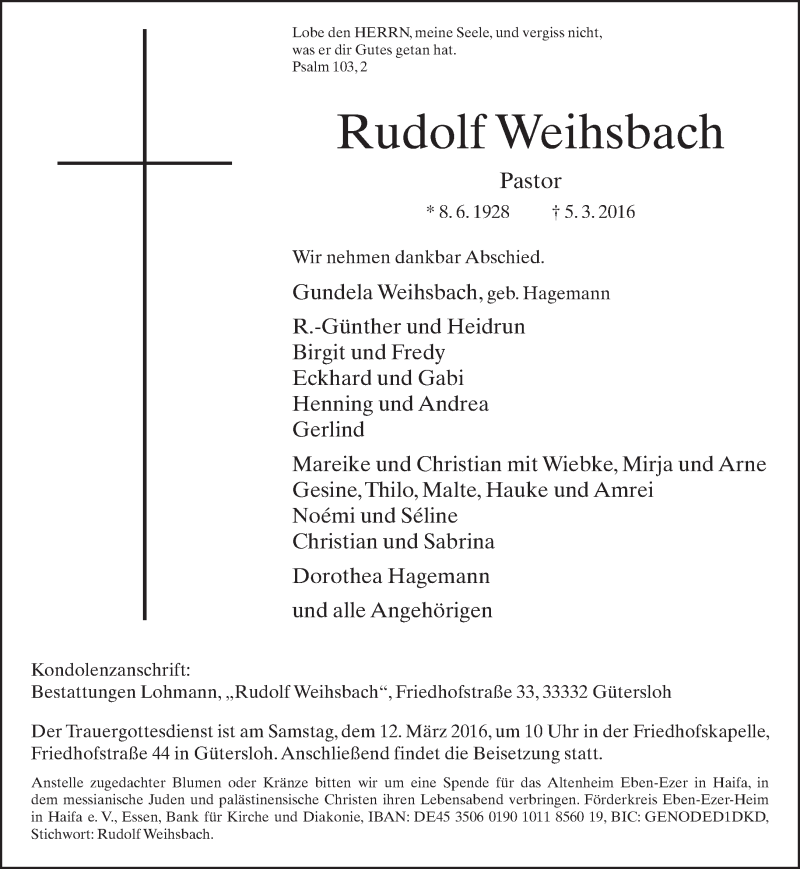  Traueranzeige für Rudolf Weihsbach vom 08.03.2016 aus Neue Westfälische