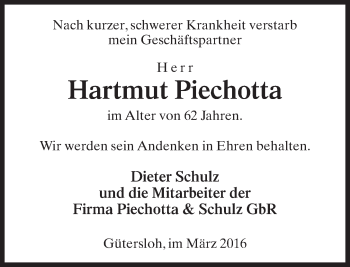 Traueranzeige von Hartmut Piechotta von Neue Westfälische