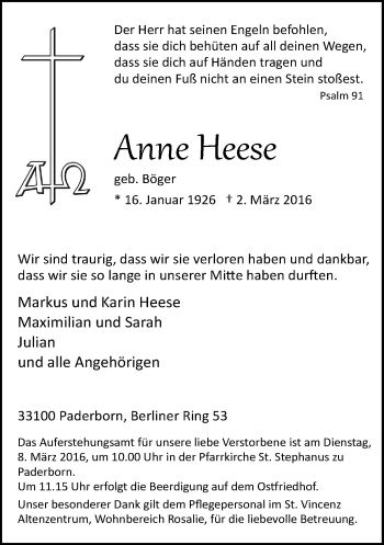 Traueranzeige von Anne Heese von Neue Westfälische