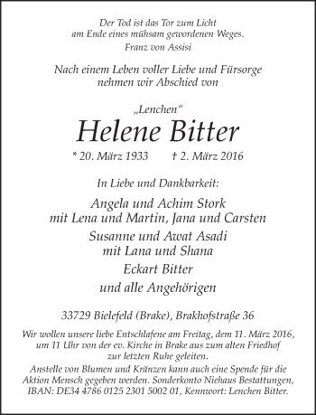 Traueranzeige von Helene Bitter von Neue Westfälische