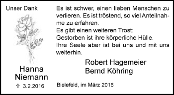 Traueranzeige von Hanna Niemann von Neue Westfälische